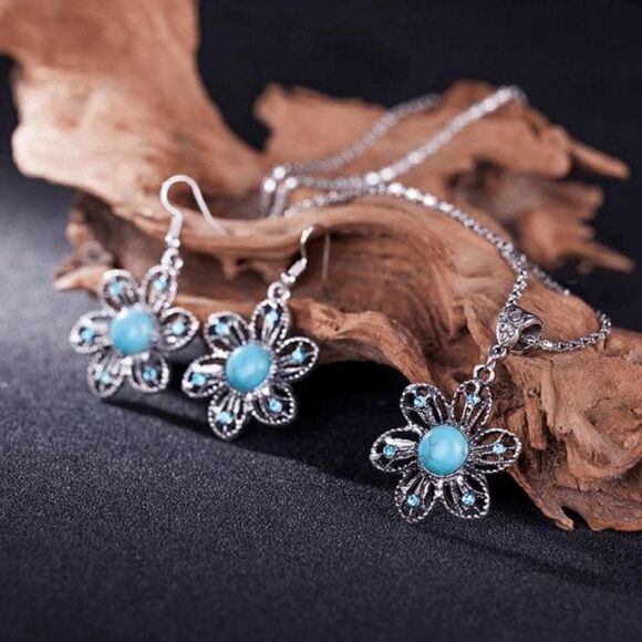 SILVER TURQUOISE AQUAMARINE DIAMOND FLOWER NECKLACE EARRING SET - Picture 4 of 4